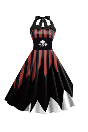 Czarna Brązowa Sukienka Vintage Z Nadrukiem Czaszki Na Halloween